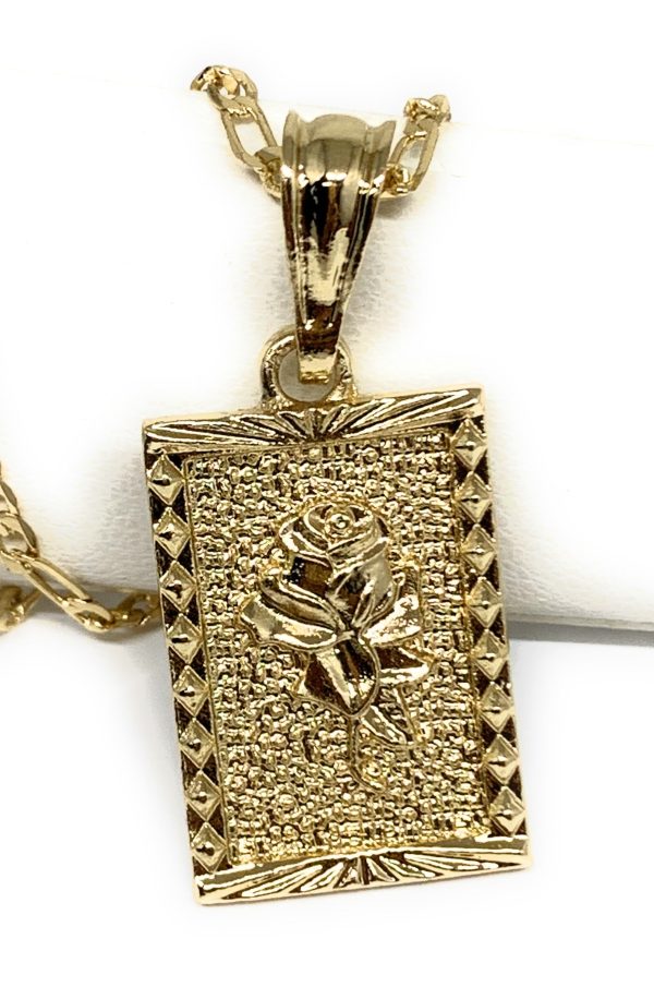 Gold Plated Rose Square Portrait Pendant Necklace Chain 24” Flor Hot on Sale