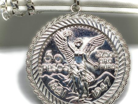 .925 Silver MEXICAN CENTENARIO 50 PESOS COIN PENDANT NECKLACE (COPY OF ORIGINAL) on Sale