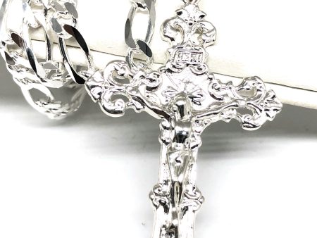 .925 Silver Filigran Jesus Cross Crucifix Pendant Necklace with Figaro Chain Online now