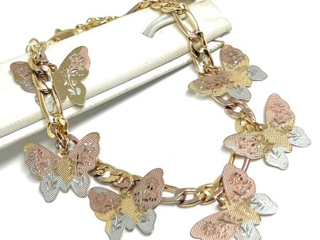 Gold Plated Tri-Color Butterfly Charm Figaro Bracelet 7.5-9 inch adjustable For Sale