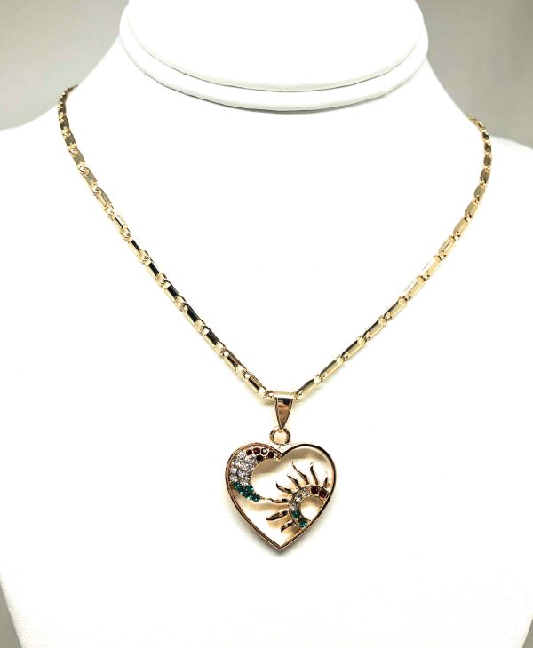 Gold Plated Heart Moon and Sun Necklace Rhinestones Necklace Pendant 24” Chain on Sale