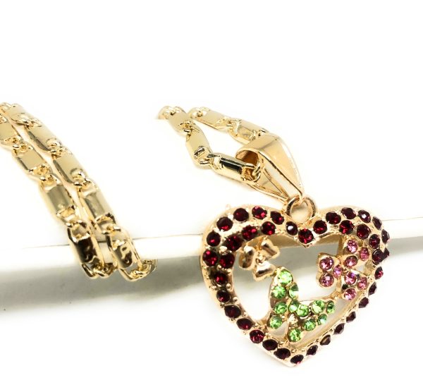 Gold Plated Heart Butterfly and Flower Necklace Rhinestones Necklace Pendant 24” Chain For Discount