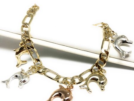 Gold Plated Tri-Color Dolphin Charm Bracelet 8” For Sale