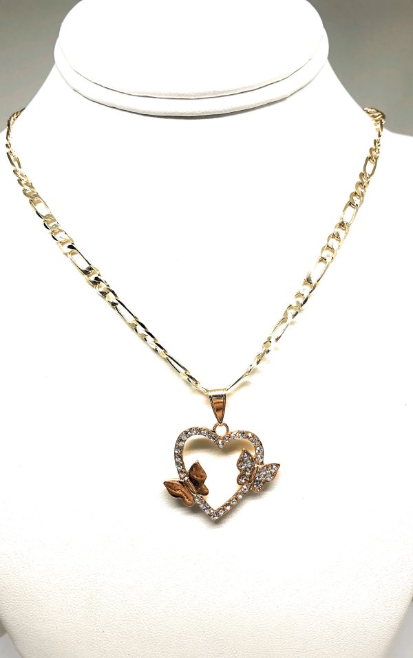 Gold Plated Butterfly Heart CZ Pendant Necklace Chain 24” Corazon For Cheap