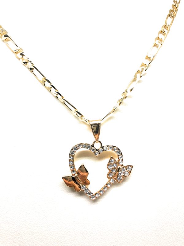 Gold Plated Butterfly Heart CZ Pendant Necklace Chain 24” Corazon For Cheap