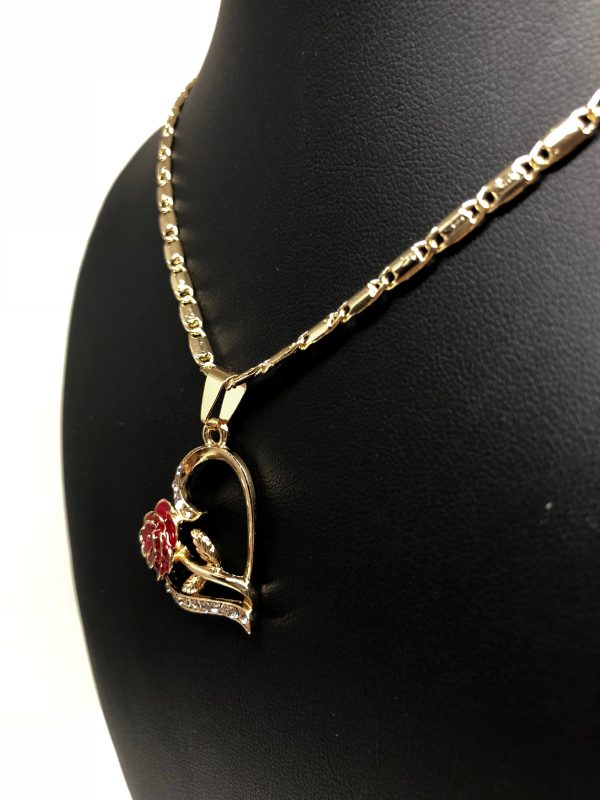 Gold Plated Tri-Color Heart Rose CZ Pendant Necklace VALENTINA Chain 24” For Cheap