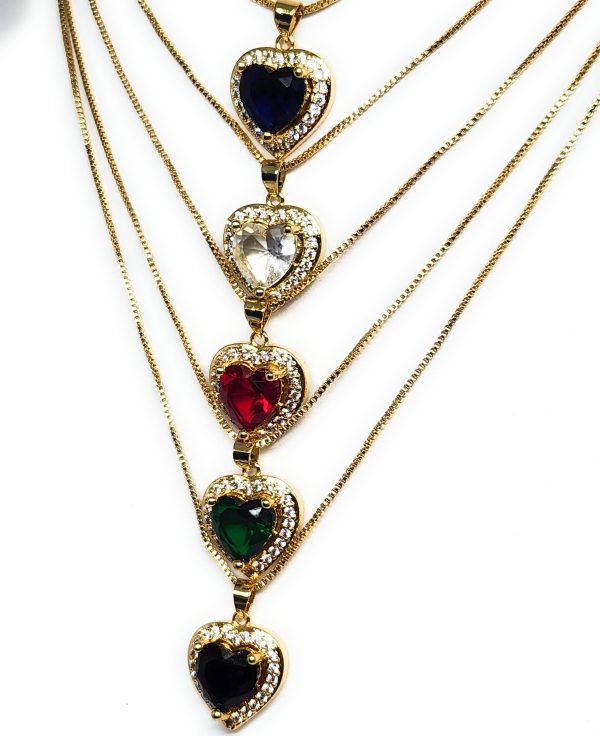 Gold Plated Layered Heart Cubic Zirconia Pendant Necklace Chain 18” (WHITE, RED, GREEN, BLACK, DARK BLUE) Sale