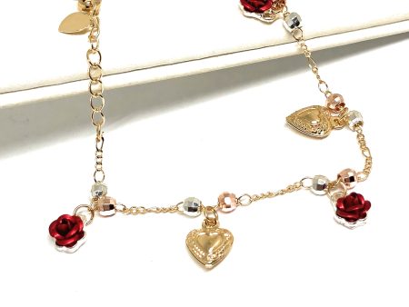 Gold Plated Heart Rose Tri-Color Bracelet 9” For Sale