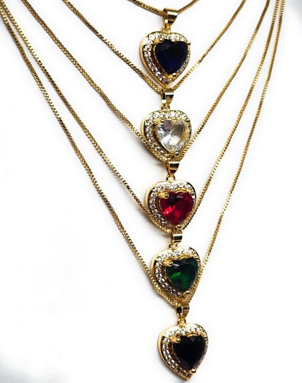 Gold Plated Layered Heart Cubic Zirconia Pendant Necklace Chain 18” (WHITE, RED, GREEN, BLACK, DARK BLUE) Sale