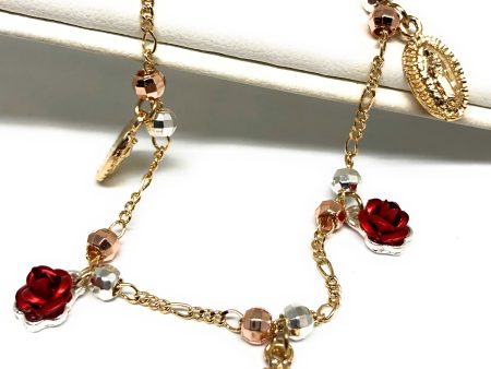 Gold Plated Virgin Mary Virgen Guadalupe Rose Tri-Color Bracelet 9” on Sale