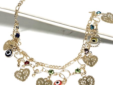 Gold Plated Evil Eye Heart Ankle Bracelet 8-11” Hot on Sale